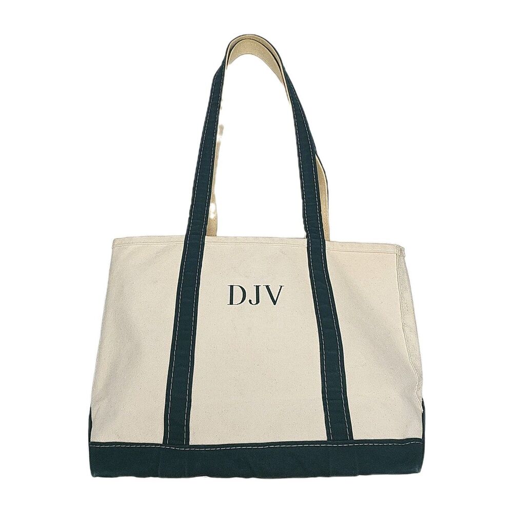 LL Bean Boat And Tote Bag Canvas Green Monogram DJV Open Top Shoulder Vintage